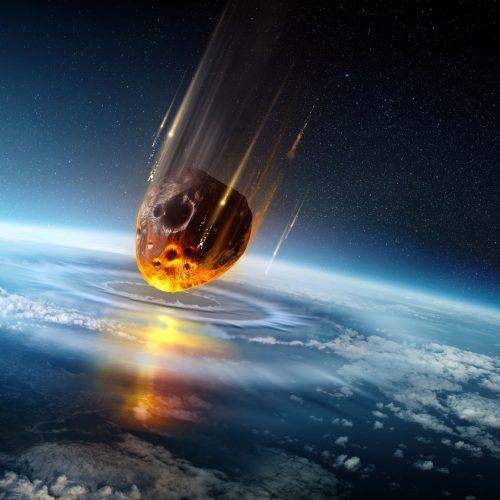A huge city sized meteor slams into the earth's atmosphere creating shock waves. Mass extinction event 3D science illustration.